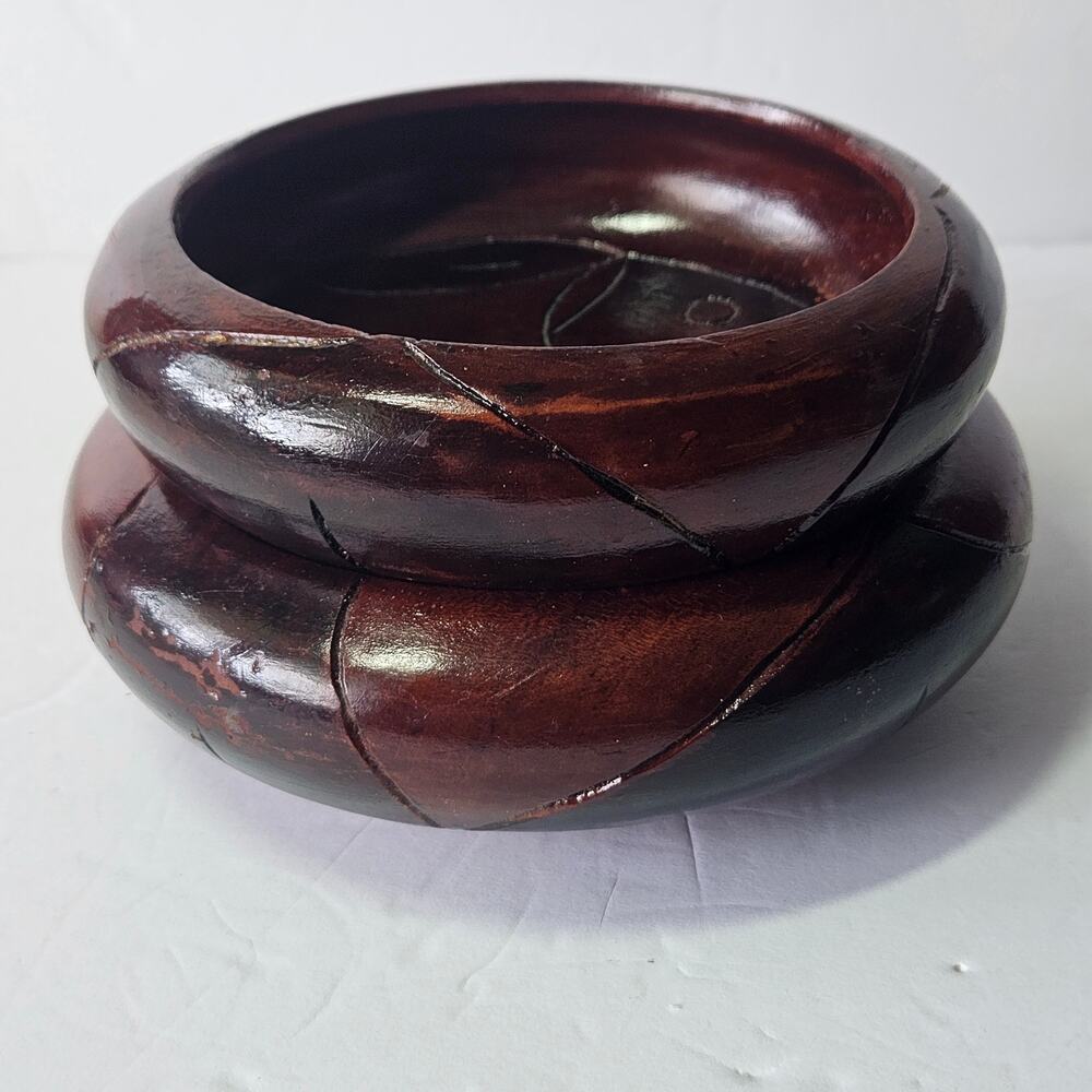 Set of 2 Vintage Haitian Hand-Carved Mahogany Bowls. Etched Fish Design.